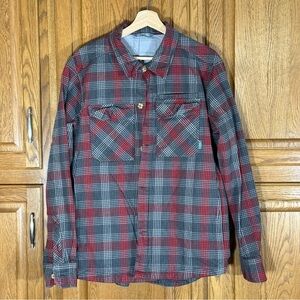 Stio Gray/Red Plaid Blanket Flannel Shacket Mens Shirt 100% Organic Cotton Large